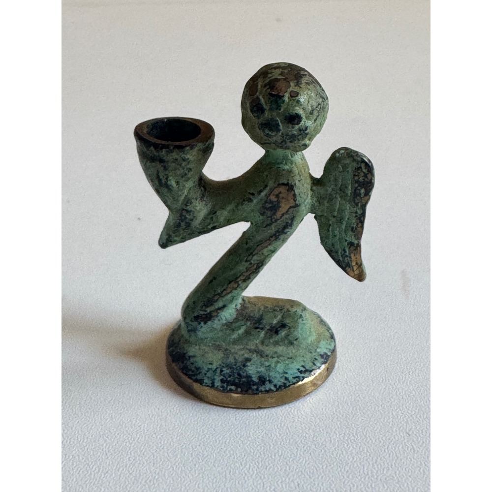 Vintage West Germany Brass Mini Angel Candle Holder Verdigris Patina 1.5" 1950's